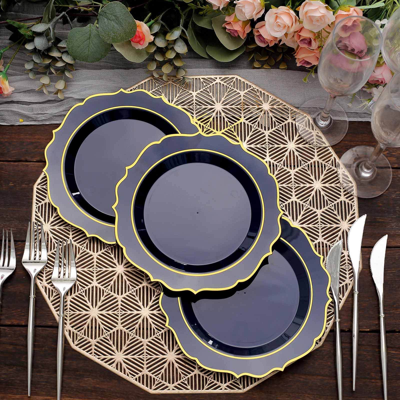 10 - Pack Plastic 8" Round Dessert Plates in Navy Blue with Gold Scalloped Rim - Disposable Appetizer/Salad Plates - Bell Racket Store