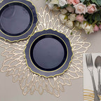 10 - Pack Plastic 8" Round Dessert Plates in Navy Blue with Gold Scalloped Rim - Disposable Appetizer/Salad Plates - Bell Racket Store