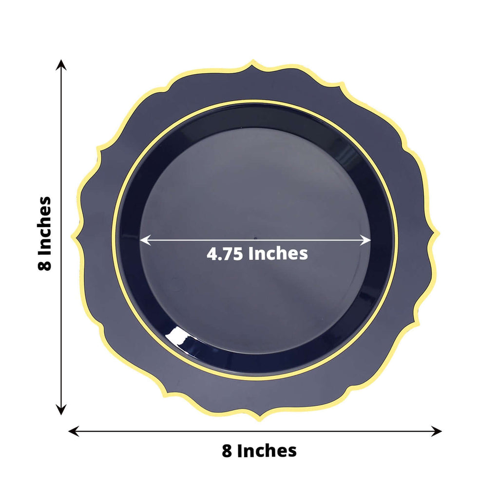 10 - Pack Plastic 8" Round Dessert Plates in Navy Blue with Gold Scalloped Rim - Disposable Appetizer/Salad Plates - Bell Racket Store