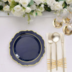 10 - Pack Plastic 8" Round Dessert Plates in Navy Blue with Gold Scalloped Rim - Disposable Appetizer/Salad Plates - Bell Racket Store