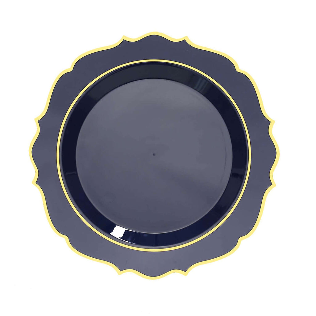10 - Pack Plastic 8" Round Dessert Plates in Navy Blue with Gold Scalloped Rim - Disposable Appetizer/Salad Plates - Bell Racket Store