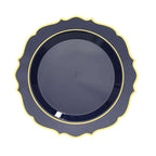 10 - Pack Plastic 8" Round Dessert Plates in Navy Blue with Gold Scalloped Rim - Disposable Appetizer/Salad Plates - Bell Racket Store
