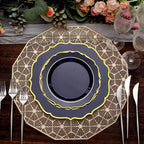 10 - Pack Plastic 8" Round Dessert Plates in Navy Blue with Gold Scalloped Rim - Disposable Appetizer/Salad Plates - Bell Racket Store