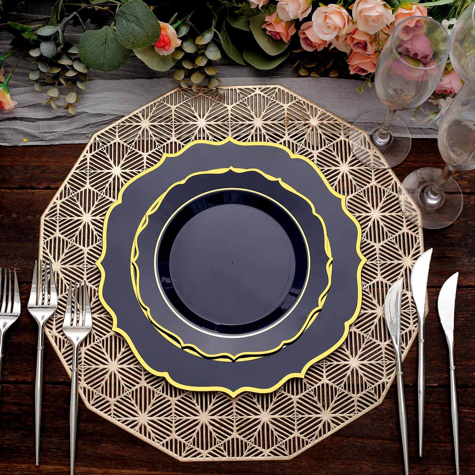 10 - Pack Plastic 8" Round Dessert Plates in Navy Blue with Gold Scalloped Rim - Disposable Appetizer/Salad Plates - Bell Racket Store