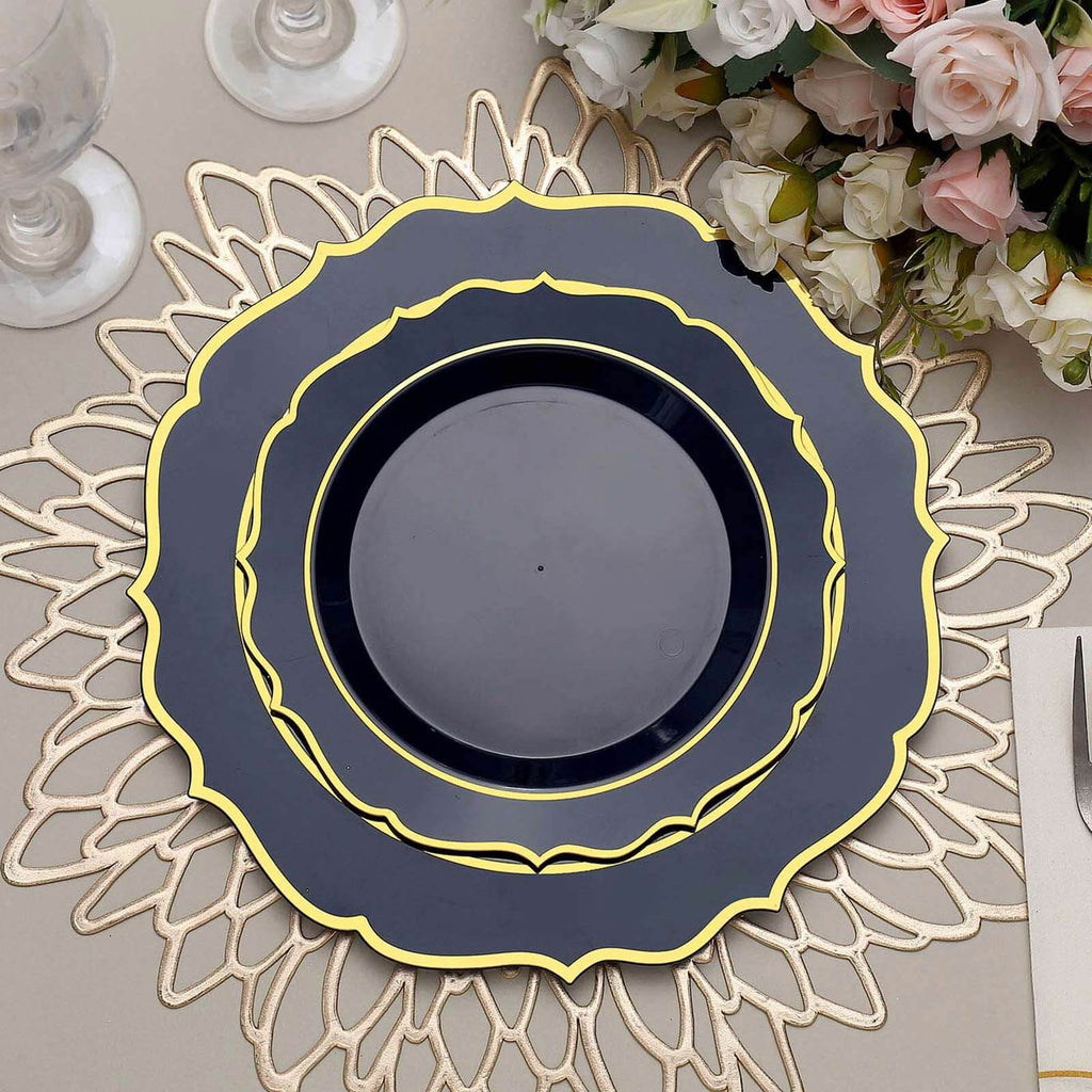 10 - Pack Plastic 8" Round Dessert Plates in Navy Blue with Gold Scalloped Rim - Disposable Appetizer/Salad Plates - Bell Racket Store