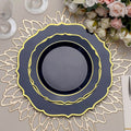 10 - Pack Plastic 8" Round Dessert Plates in Navy Blue with Gold Scalloped Rim - Disposable Appetizer/Salad Plates - Bell Racket Store