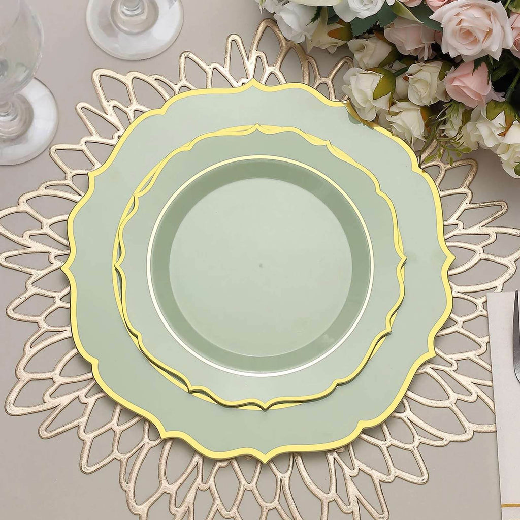 10 - Pack Plastic 8" Round Dessert Plates in Sage Green with Gold Scalloped Rim - Disposable Appetizer/Salad Plates - Bell Racket Store
