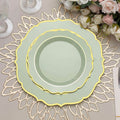 10 - Pack Plastic 8" Round Dessert Plates in Sage Green with Gold Scalloped Rim - Disposable Appetizer/Salad Plates - Bell Racket Store