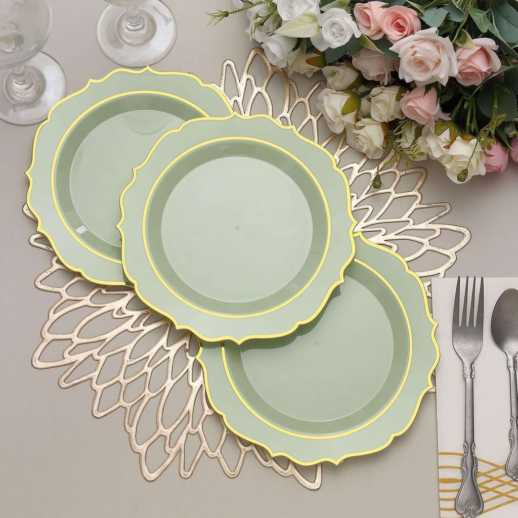 10 - Pack Plastic 8" Round Dessert Plates in Sage Green with Gold Scalloped Rim - Disposable Appetizer/Salad Plates - Bell Racket Store