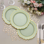10 - Pack Plastic 8" Round Dessert Plates in Sage Green with Gold Scalloped Rim - Disposable Appetizer/Salad Plates - Bell Racket Store