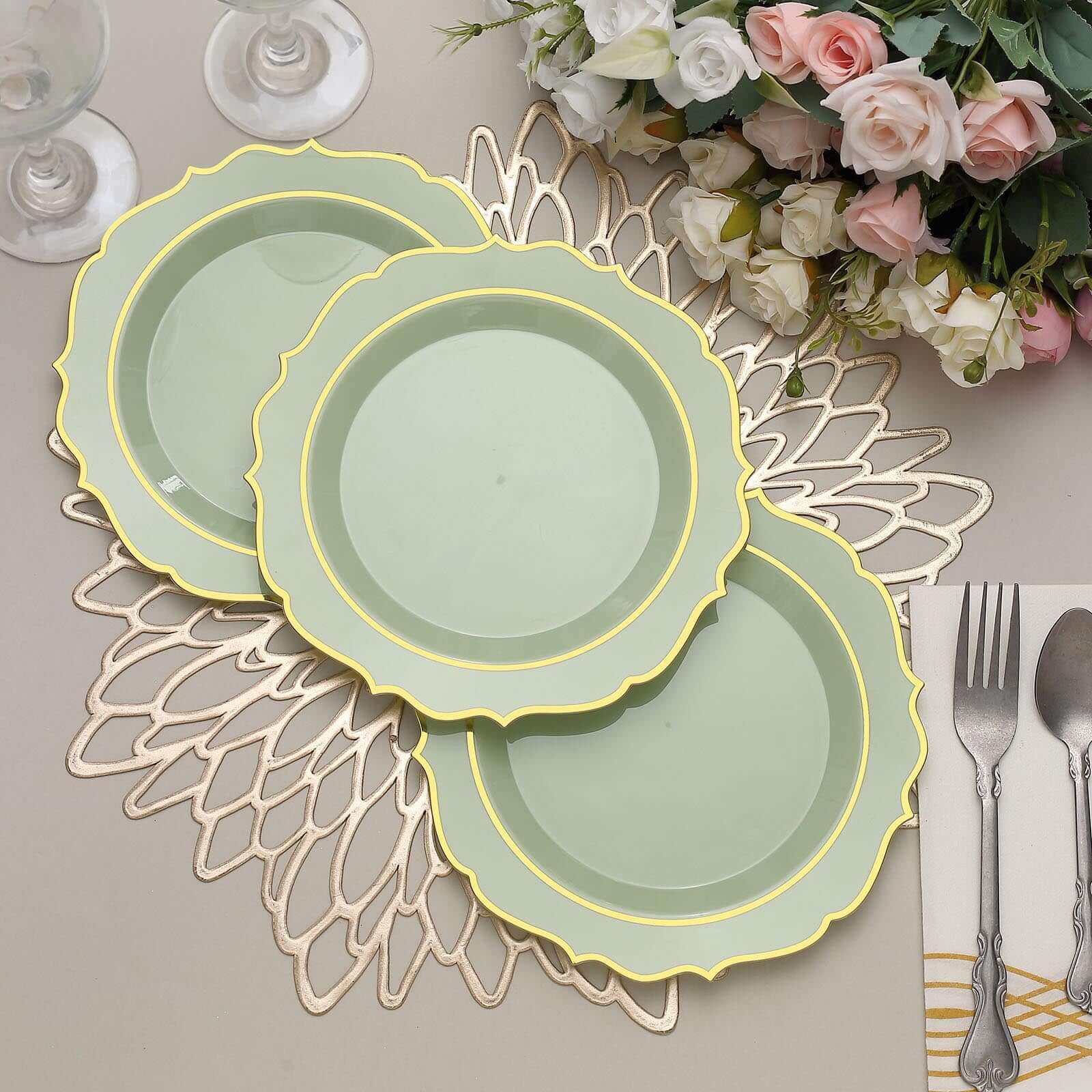 10 - Pack Plastic 8" Round Dessert Plates in Sage Green with Gold Scalloped Rim - Disposable Appetizer/Salad Plates - Bell Racket Store