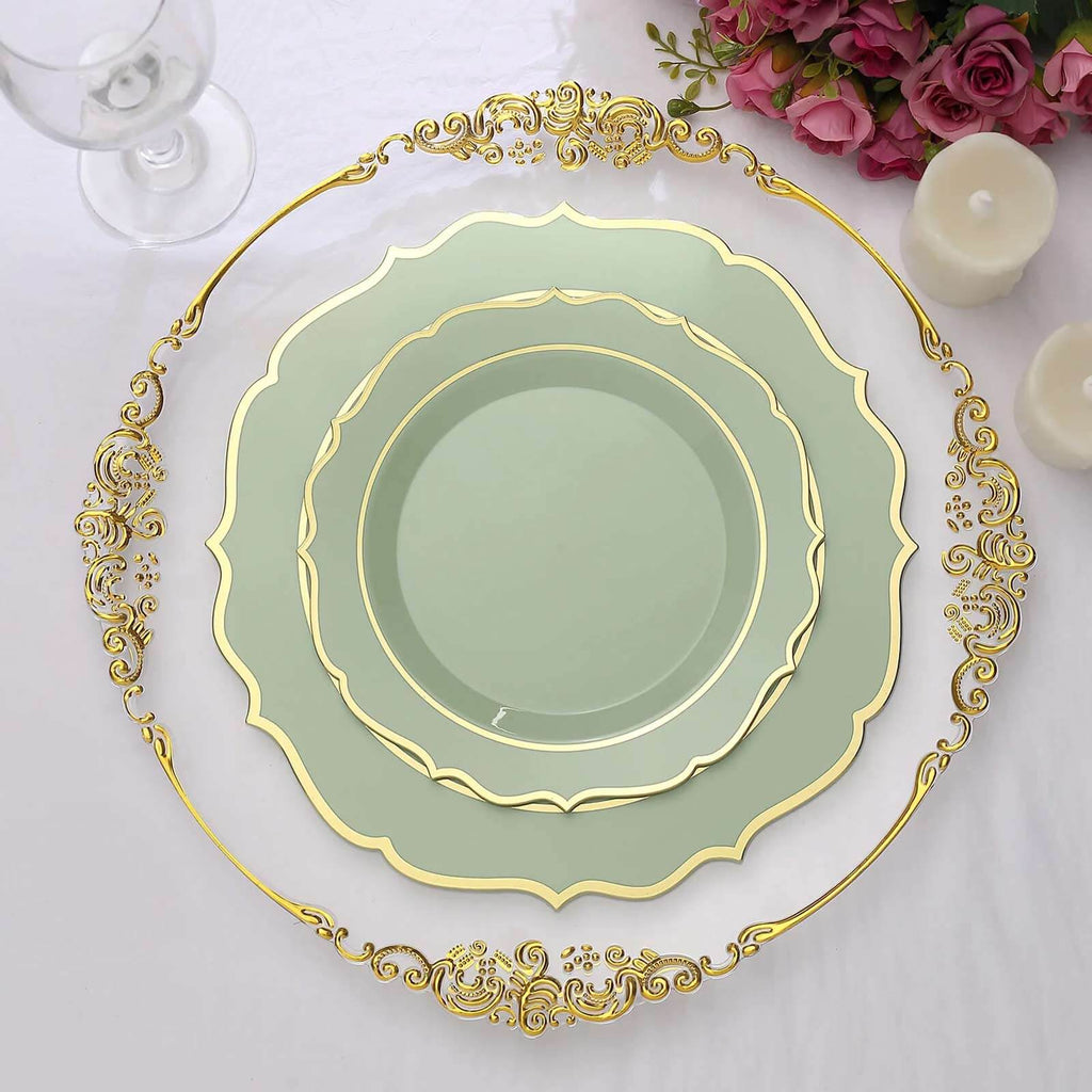 10 - Pack Plastic 8" Round Dessert Plates in Sage Green with Gold Scalloped Rim - Disposable Appetizer/Salad Plates - Bell Racket Store