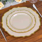 10 - Pack Plastic 8" Round Dessert Plates in Taupe with Gold Scalloped Rim - Disposable Appetizer/Salad Plates - Bell Racket Store