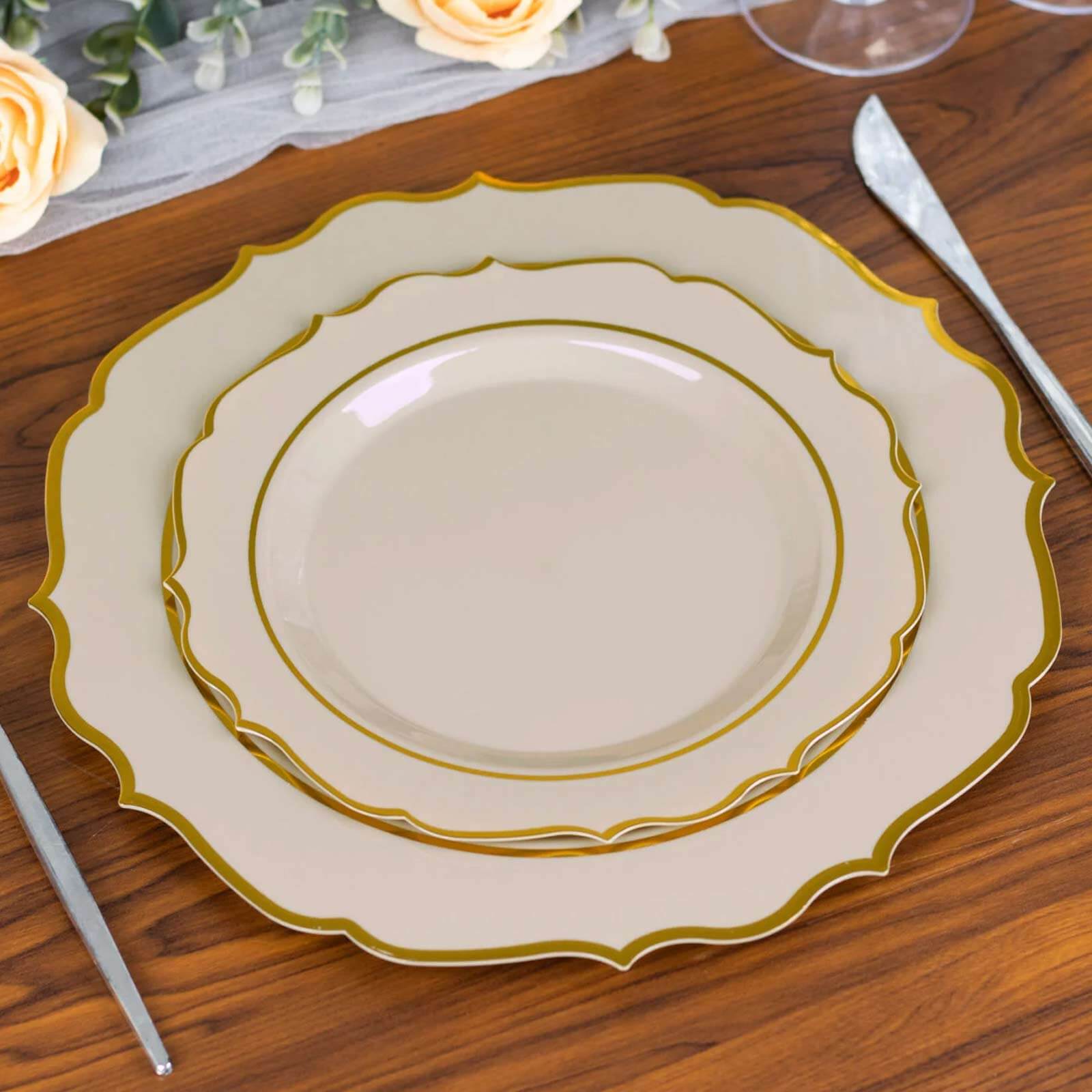 10 - Pack Plastic 8" Round Dessert Plates in Taupe with Gold Scalloped Rim - Disposable Appetizer/Salad Plates - Bell Racket Store