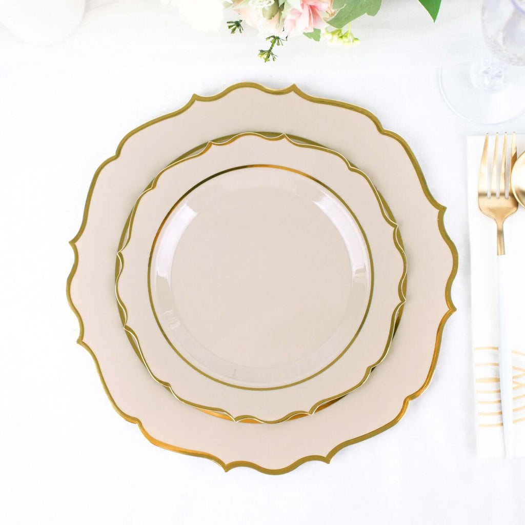 10 - Pack Plastic 8" Round Dessert Plates in Taupe with Gold Scalloped Rim - Disposable Appetizer/Salad Plates - Bell Racket Store
