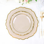 10 - Pack Plastic 8" Round Dessert Plates in Taupe with Gold Scalloped Rim - Disposable Appetizer/Salad Plates - Bell Racket Store