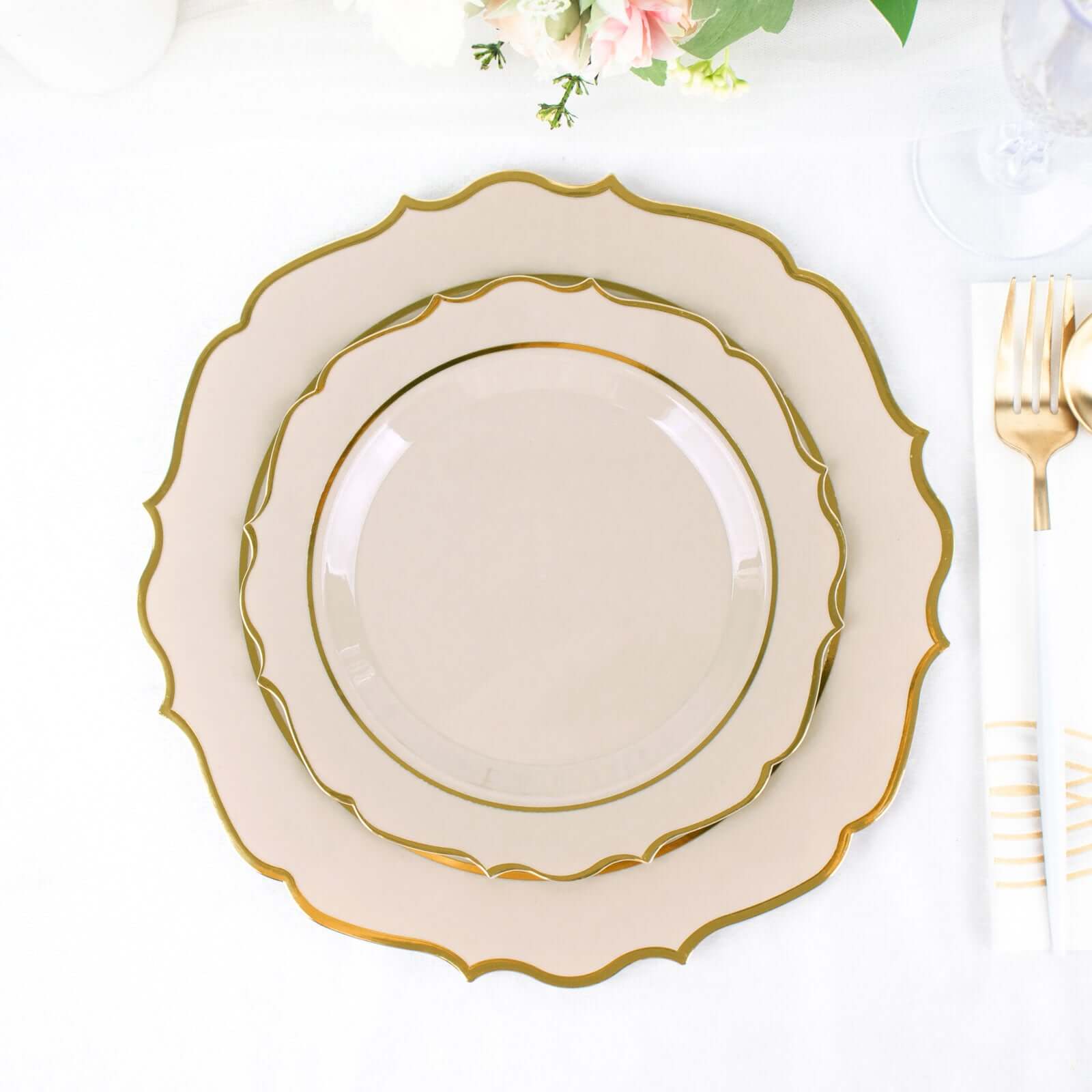 10 - Pack Plastic 8" Round Dessert Plates in Taupe with Gold Scalloped Rim - Disposable Appetizer/Salad Plates - Bell Racket Store