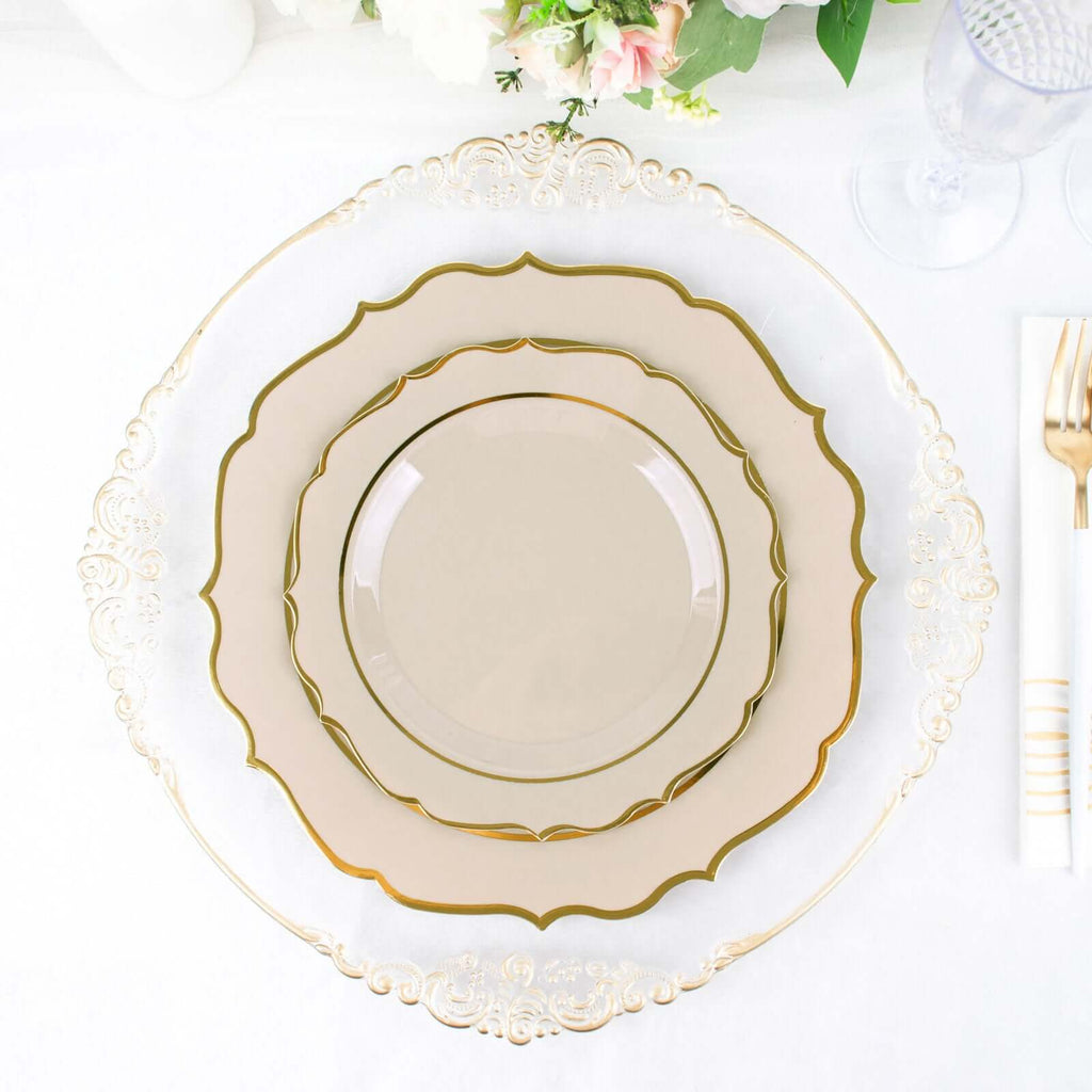 10 - Pack Plastic 8" Round Dessert Plates in Taupe with Gold Scalloped Rim - Disposable Appetizer/Salad Plates - Bell Racket Store