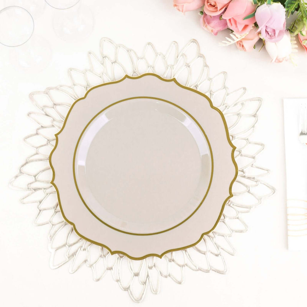 10 - Pack Plastic 8" Round Dessert Plates in Taupe with Gold Scalloped Rim - Disposable Appetizer/Salad Plates - Bell Racket Store