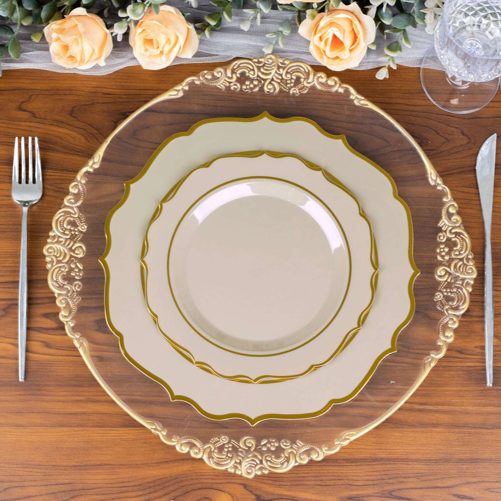 10 - Pack Plastic 8" Round Dessert Plates in Taupe with Gold Scalloped Rim - Disposable Appetizer/Salad Plates - Bell Racket Store