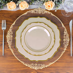 10 - Pack Plastic 8" Round Dessert Plates in Taupe with Gold Scalloped Rim - Disposable Appetizer/Salad Plates - Bell Racket Store