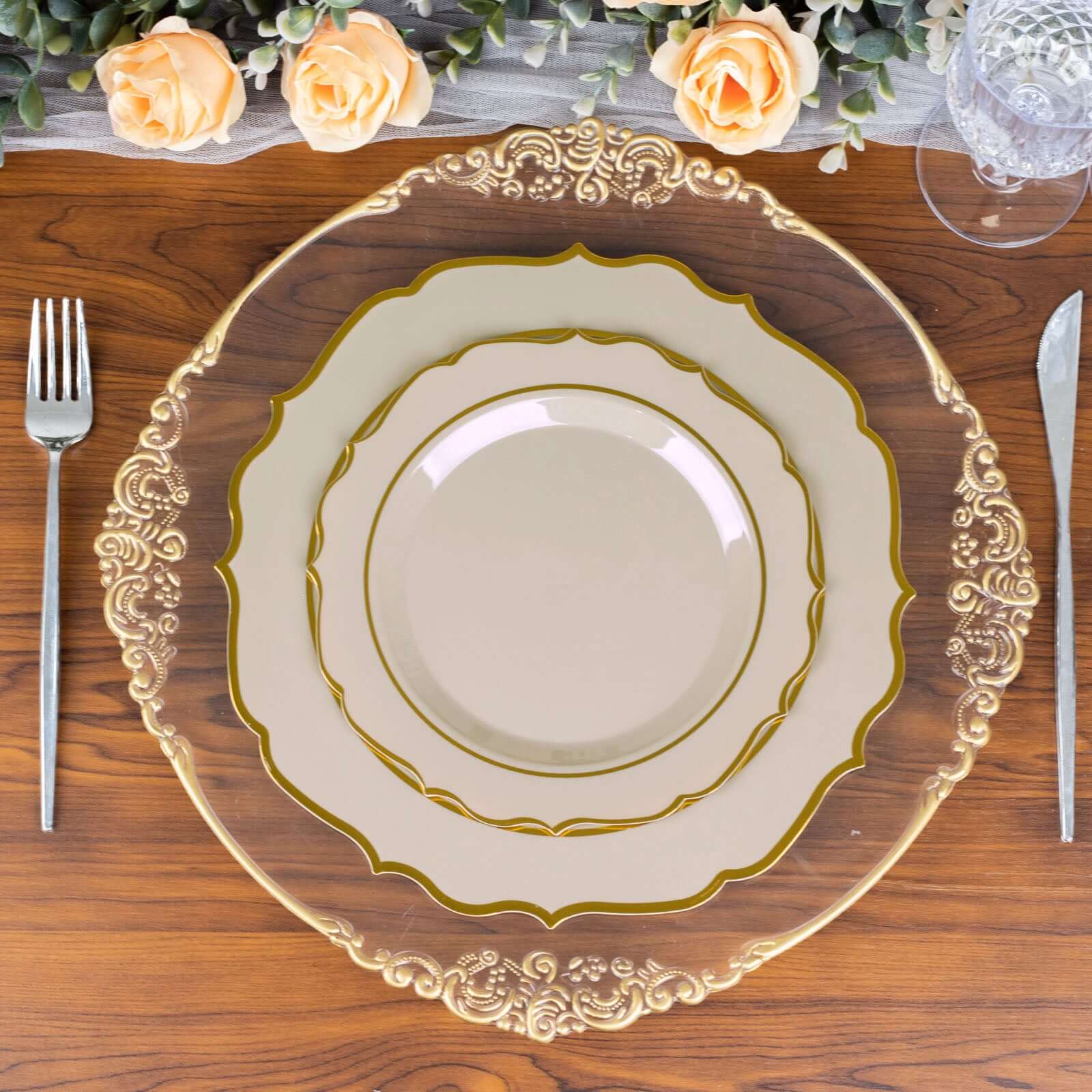 10 - Pack Plastic 8" Round Dessert Plates in Taupe with Gold Scalloped Rim - Disposable Appetizer/Salad Plates - Bell Racket Store