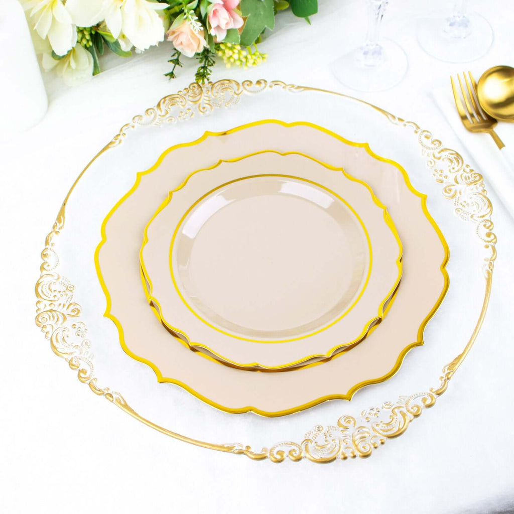 10 - Pack Plastic 8" Round Dessert Plates in Taupe with Gold Scalloped Rim - Disposable Appetizer/Salad Plates - Bell Racket Store