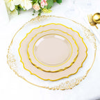 10 - Pack Plastic 8" Round Dessert Plates in Taupe with Gold Scalloped Rim - Disposable Appetizer/Salad Plates - Bell Racket Store