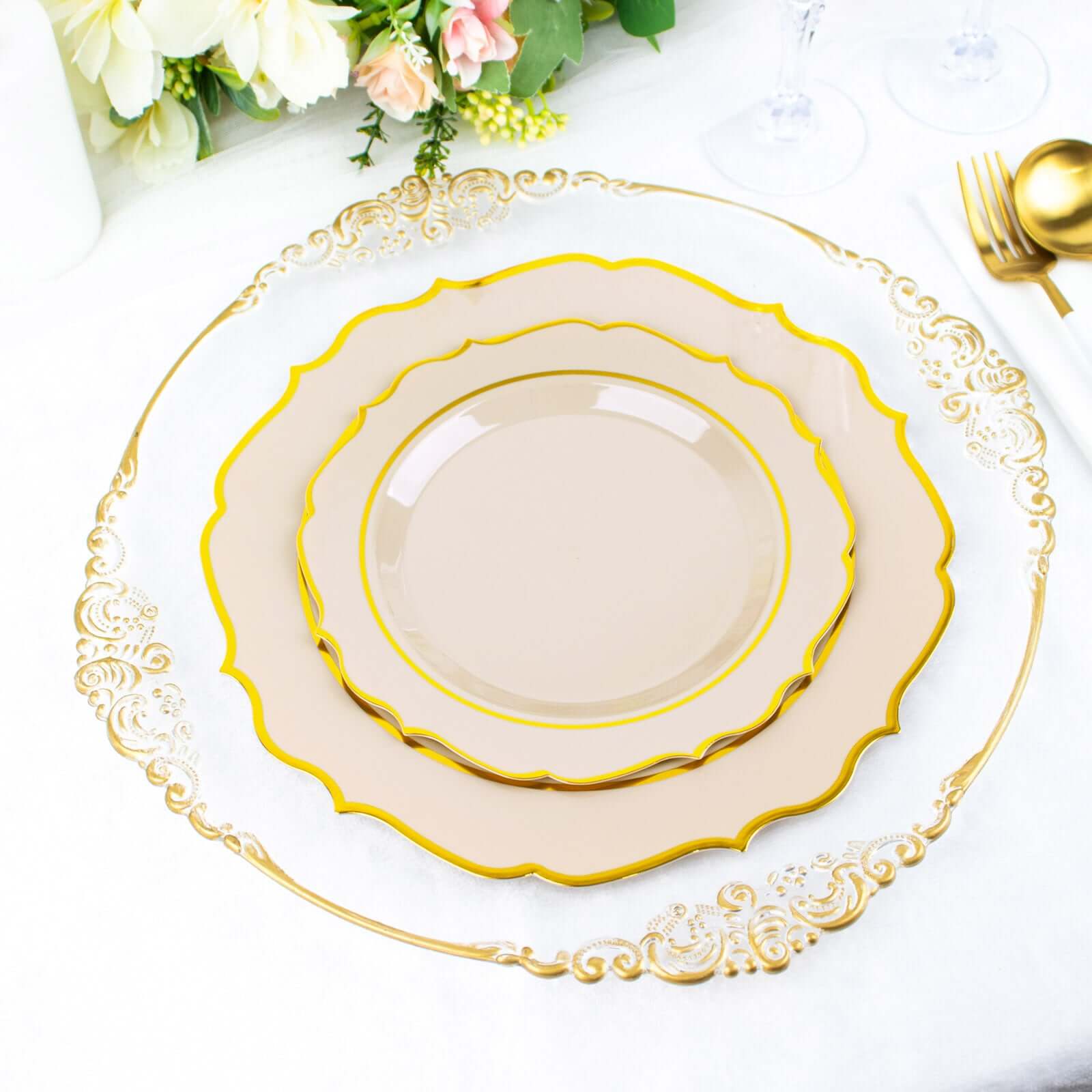 10 - Pack Plastic 8" Round Dessert Plates in Taupe with Gold Scalloped Rim - Disposable Appetizer/Salad Plates - Bell Racket Store