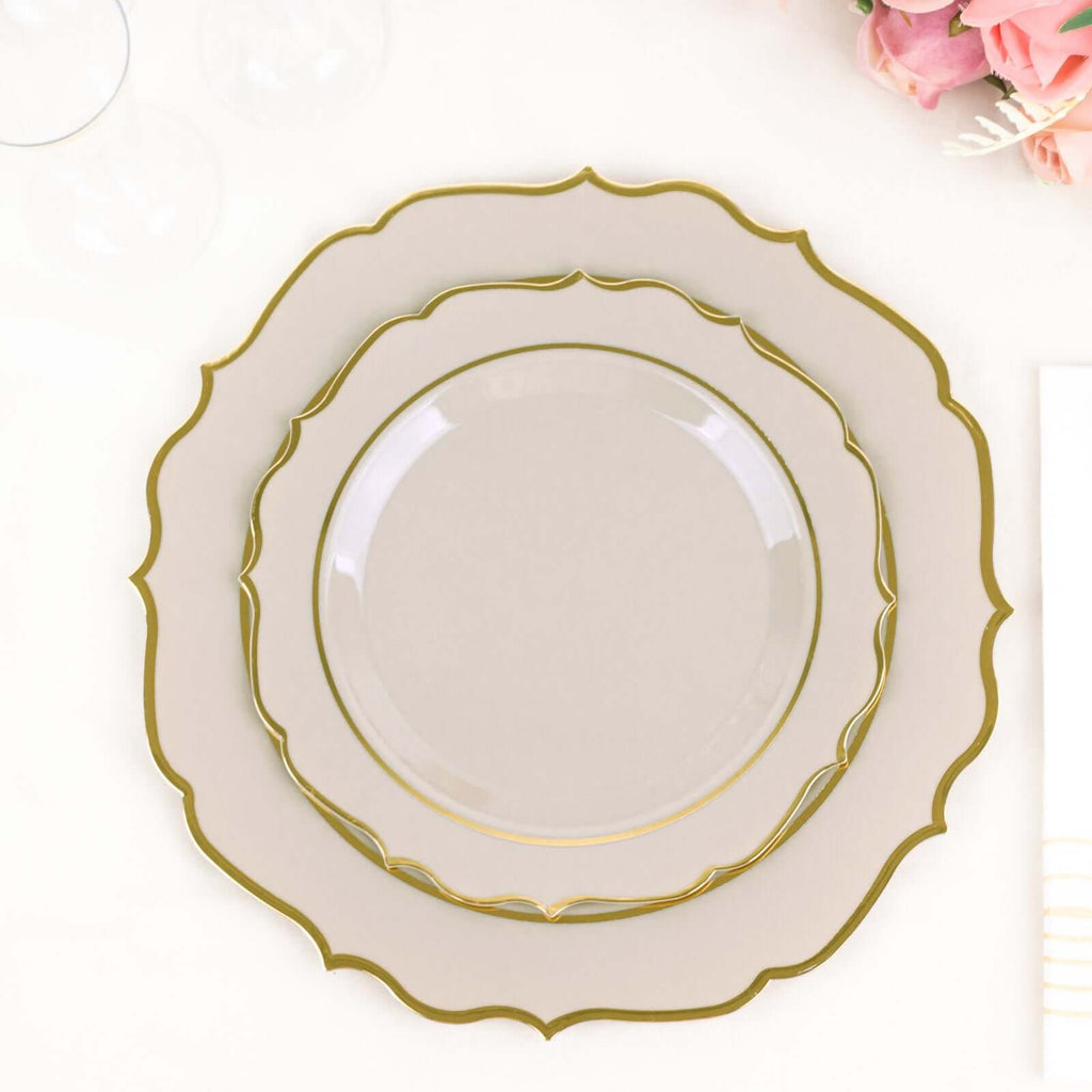 10 - Pack Plastic 8" Round Dessert Plates in Taupe with Gold Scalloped Rim - Disposable Appetizer/Salad Plates - Bell Racket Store