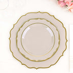 10 - Pack Plastic 8" Round Dessert Plates in Taupe with Gold Scalloped Rim - Disposable Appetizer/Salad Plates - Bell Racket Store