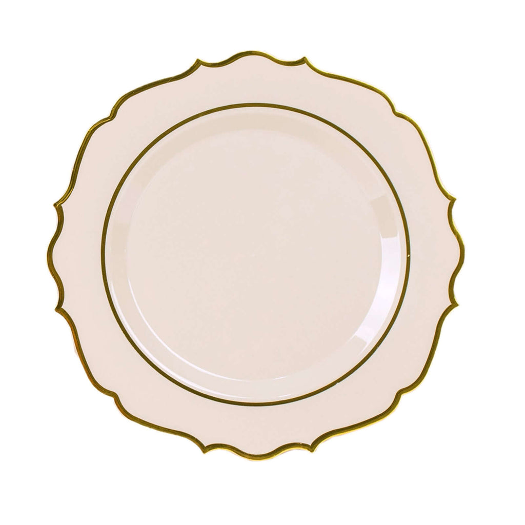 10 - Pack Plastic 8" Round Dessert Plates in Taupe with Gold Scalloped Rim - Disposable Appetizer/Salad Plates - Bell Racket Store