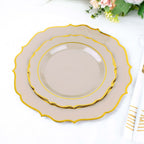 10 - Pack Plastic 8" Round Dessert Plates in Taupe with Gold Scalloped Rim - Disposable Appetizer/Salad Plates - Bell Racket Store