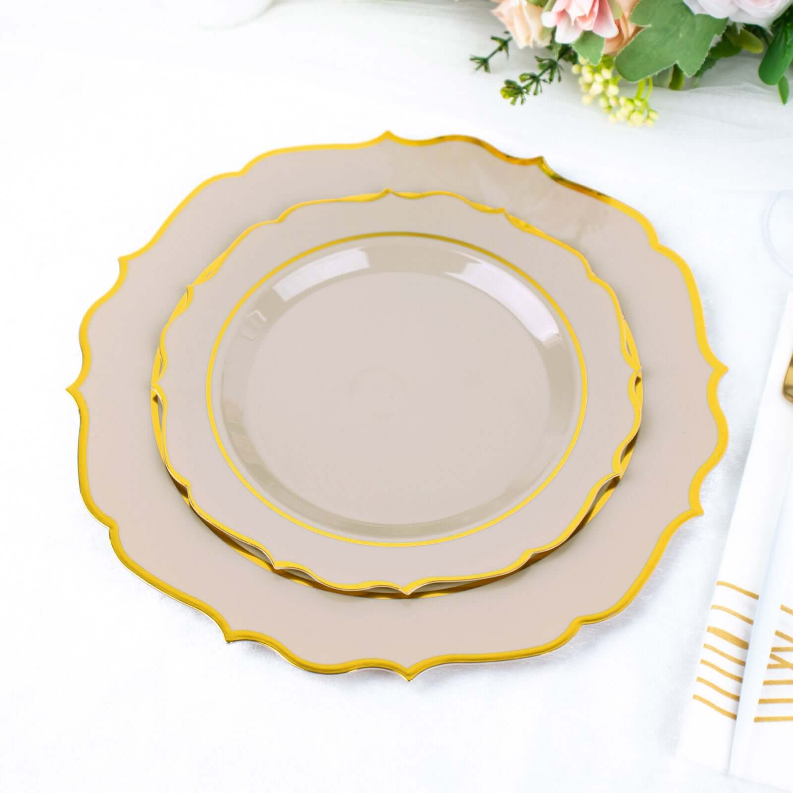 10 - Pack Plastic 8" Round Dessert Plates in Taupe with Gold Scalloped Rim - Disposable Appetizer/Salad Plates - Bell Racket Store