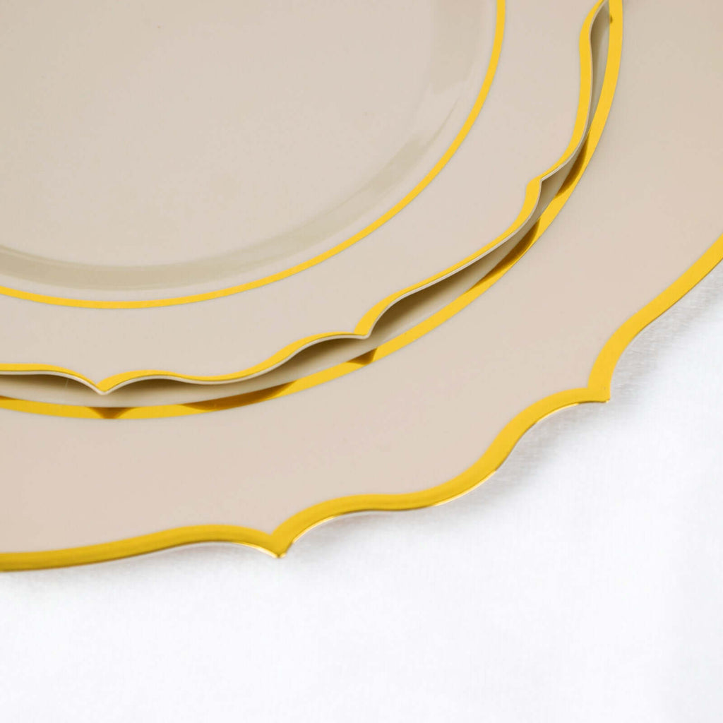 10 - Pack Plastic 8" Round Dessert Plates in Taupe with Gold Scalloped Rim - Disposable Appetizer/Salad Plates - Bell Racket Store
