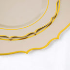10 - Pack Plastic 8" Round Dessert Plates in Taupe with Gold Scalloped Rim - Disposable Appetizer/Salad Plates - Bell Racket Store