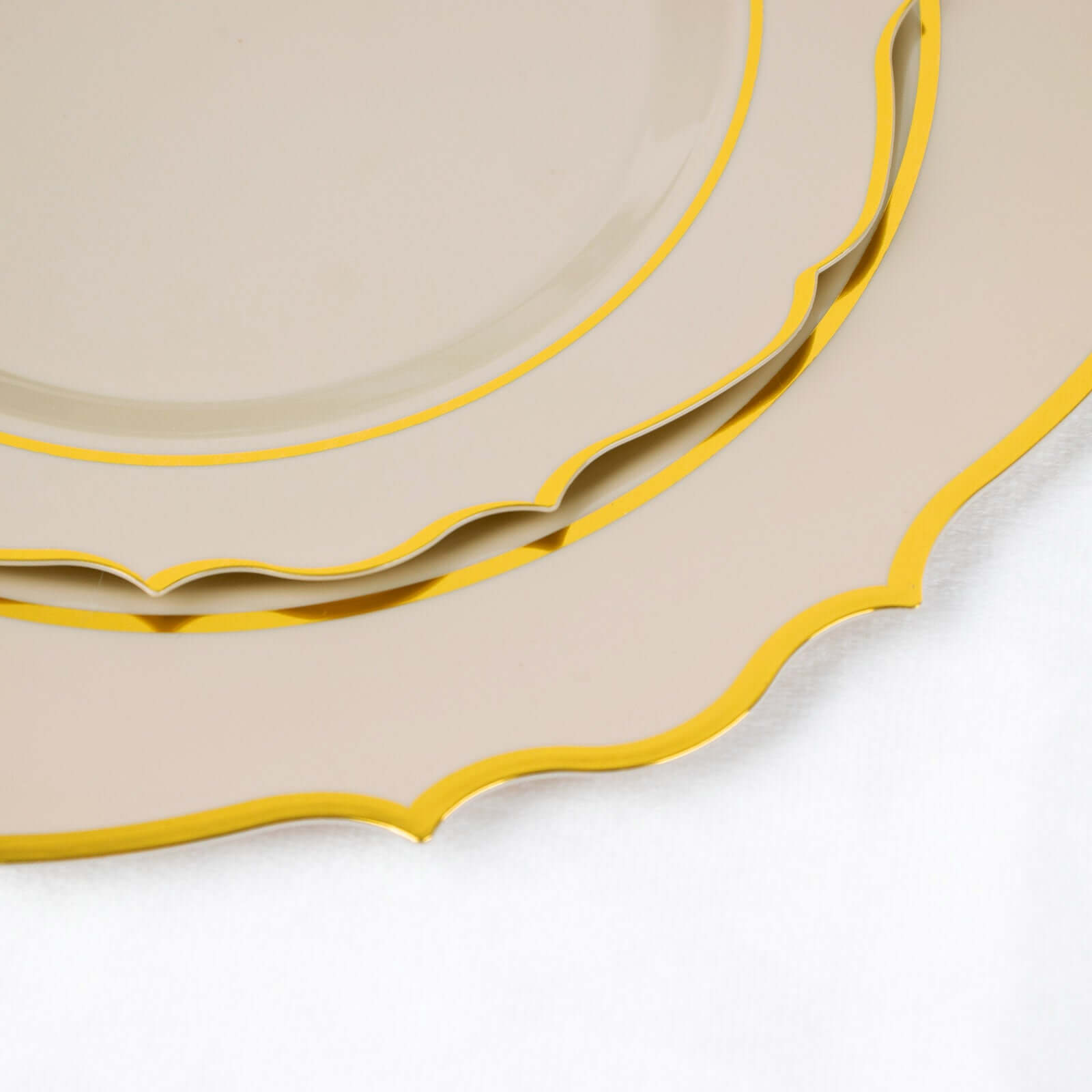 10 - Pack Plastic 8" Round Dessert Plates in Taupe with Gold Scalloped Rim - Disposable Appetizer/Salad Plates - Bell Racket Store