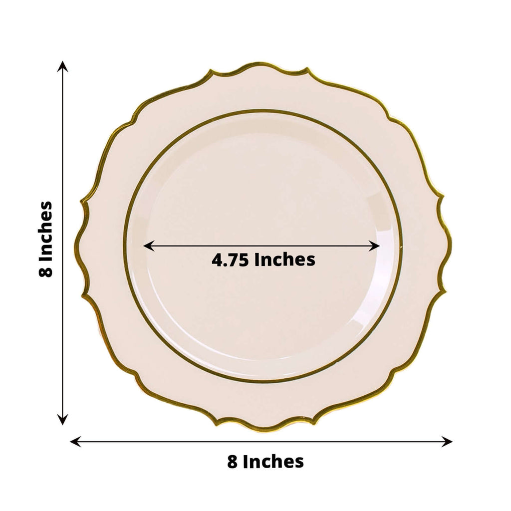 10 - Pack Plastic 8" Round Dessert Plates in Taupe with Gold Scalloped Rim - Disposable Appetizer/Salad Plates - Bell Racket Store