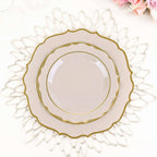 10 - Pack Plastic 8" Round Dessert Plates in Taupe with Gold Scalloped Rim - Disposable Appetizer/Salad Plates - Bell Racket Store