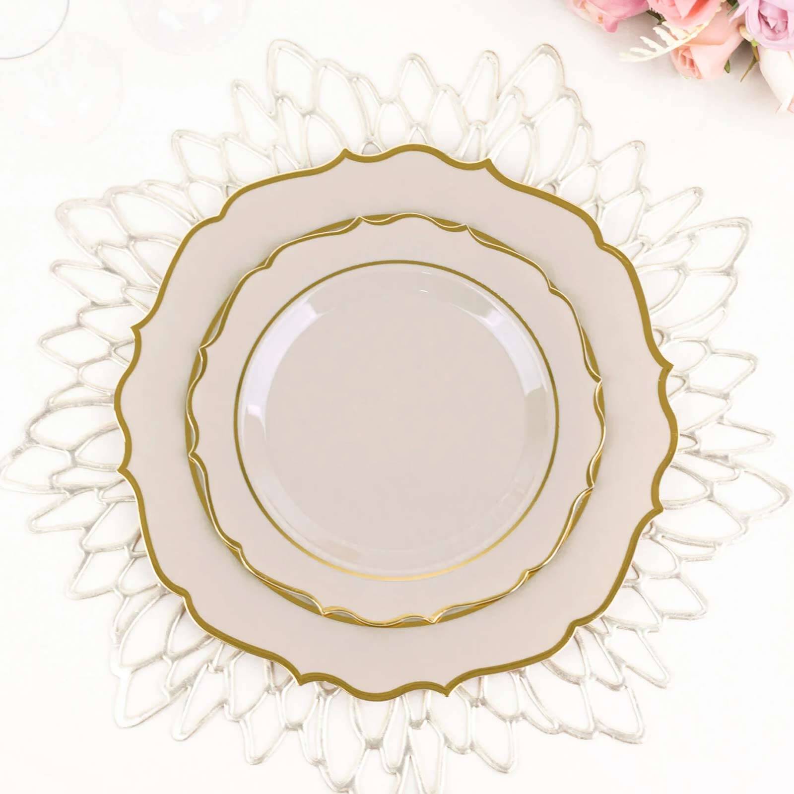 10 - Pack Plastic 8" Round Dessert Plates in Taupe with Gold Scalloped Rim - Disposable Appetizer/Salad Plates - Bell Racket Store
