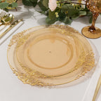 10 - Pack Plastic 8" Round Dessert Plates in Transparent Amber Gold with Gold Leaf Embossed Rim - Disposable Vintage Baroque Style Salad Plates - Bell Racket Store