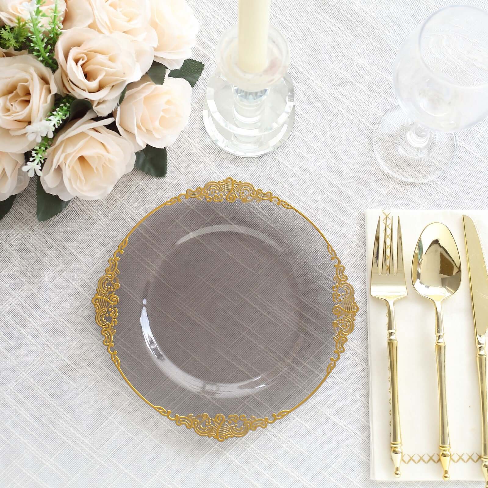 10 - Pack Plastic 8" Round Dessert Plates in Transparent Black with Gold Leaf Embossed Rim - Disposable Vintage Baroque Style Salad Plates - Bell Racket Store