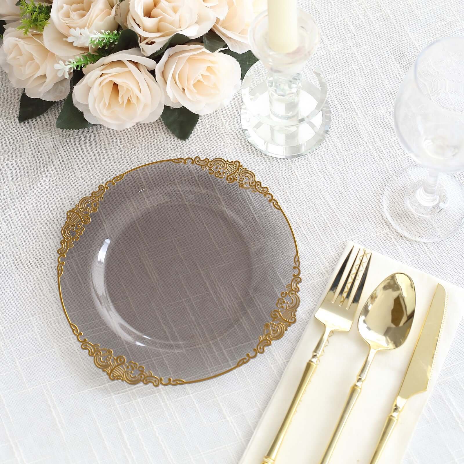 10 - Pack Plastic 8" Round Dessert Plates in Transparent Black with Gold Leaf Embossed Rim - Disposable Vintage Baroque Style Salad Plates - Bell Racket Store