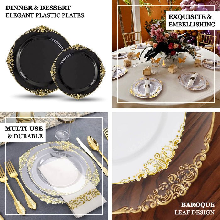 10 - Pack Plastic 8" Round Dessert Plates in Transparent Black with Gold Leaf Embossed Rim - Disposable Vintage Baroque Style Salad Plates - Bell Racket Store