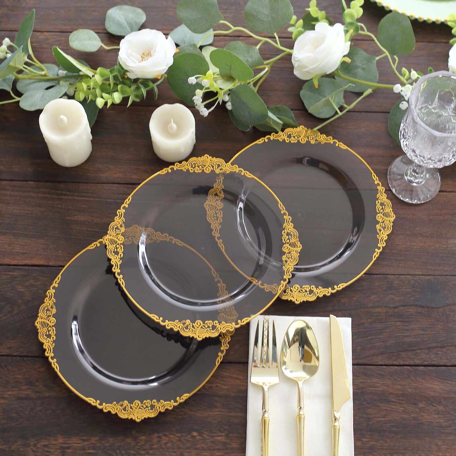 10 - Pack Plastic 8" Round Dessert Plates in Transparent Black with Gold Leaf Embossed Rim - Disposable Vintage Baroque Style Salad Plates - Bell Racket Store