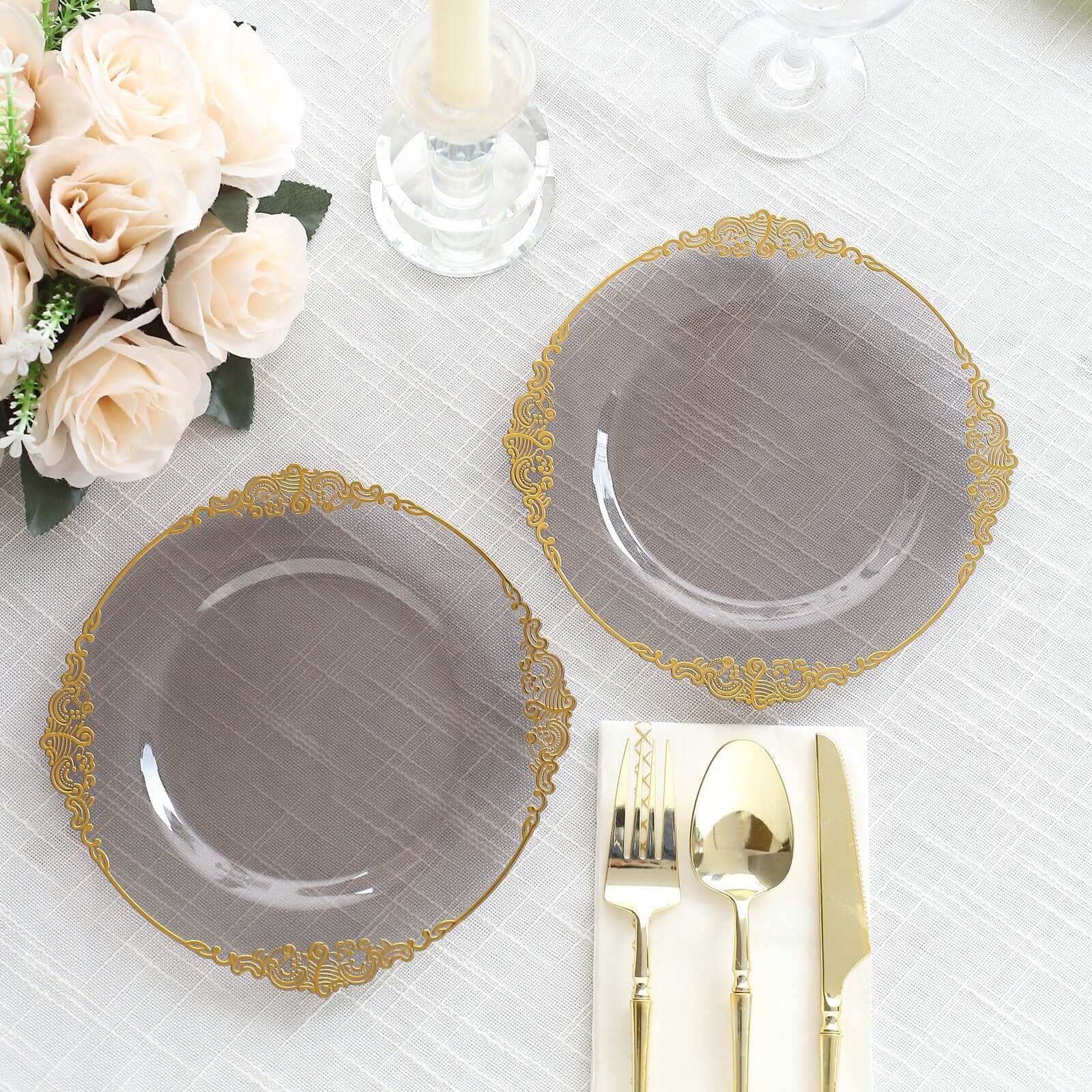10 - Pack Plastic 8" Round Dessert Plates in Transparent Black with Gold Leaf Embossed Rim - Disposable Vintage Baroque Style Salad Plates - Bell Racket Store