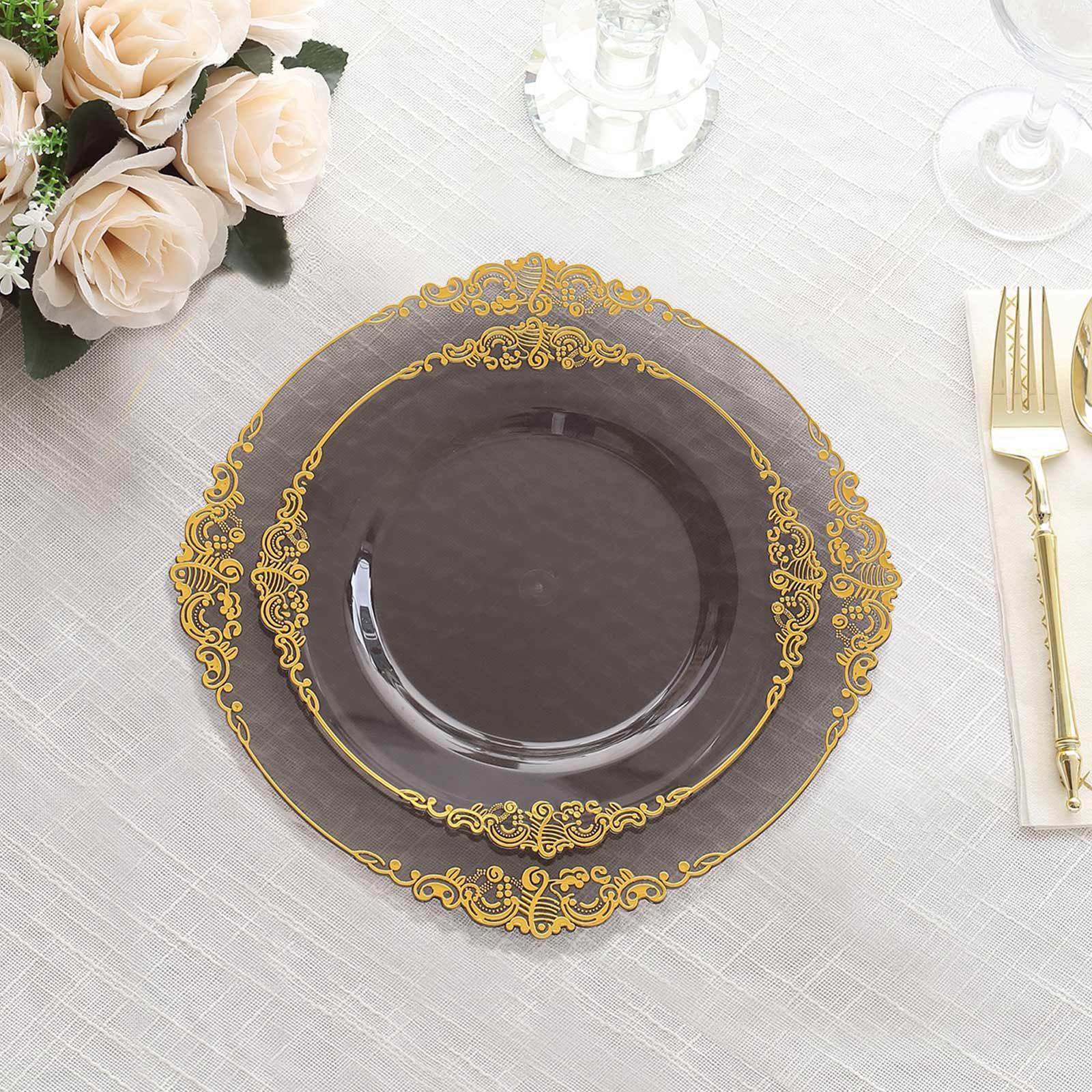 10 - Pack Plastic 8" Round Dessert Plates in Transparent Black with Gold Leaf Embossed Rim - Disposable Vintage Baroque Style Salad Plates - Bell Racket Store
