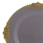 10 - Pack Plastic 8" Round Dessert Plates in Transparent Black with Gold Leaf Embossed Rim - Disposable Vintage Baroque Style Salad Plates - Bell Racket Store