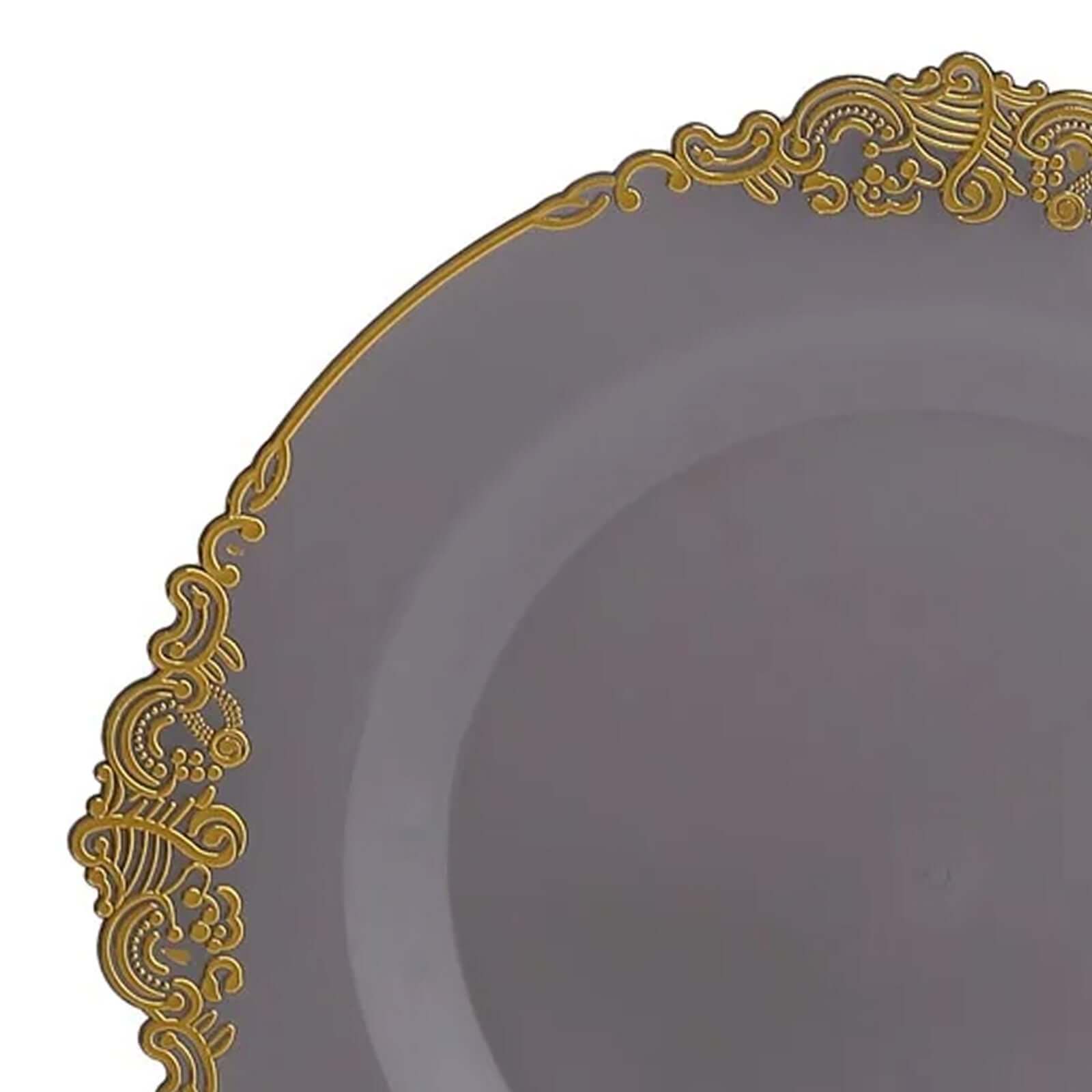 10 - Pack Plastic 8" Round Dessert Plates in Transparent Black with Gold Leaf Embossed Rim - Disposable Vintage Baroque Style Salad Plates - Bell Racket Store