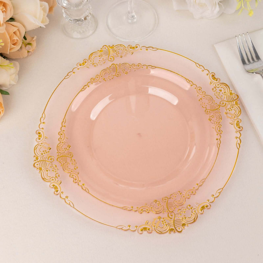 10 - Pack Plastic 8" Round Dessert Plates in Transparent Blush with Gold Leaf Embossed Rim - Disposable Vintage Baroque Style Salad Plates - Bell Racket Store